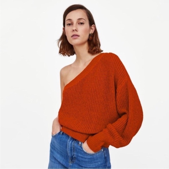 Zara Knit one arm sweater Medium bright orange one shoulder cut out blogger fave - Picture 1 of 11